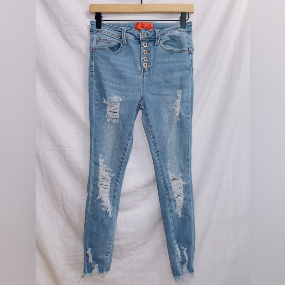 Wax Jean Light Wash Denim High Rise Button Front Distressed Skinny Jean 5/27